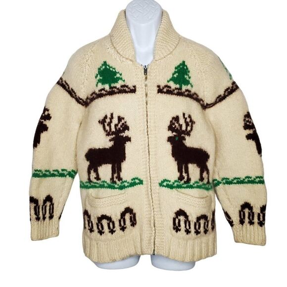 Vtg Cowichan Deer Buck Elk Wool Hand Knit Shawl SweaterS Zip Up Jacket Moose - Picture 1 of 3
